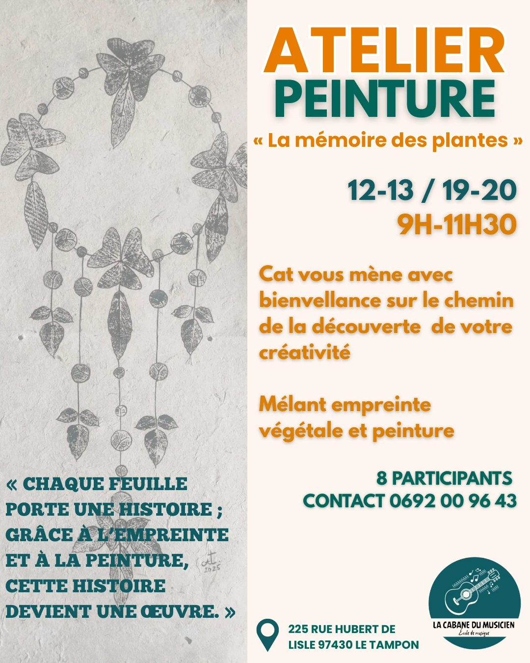 Affiche de l’atelier peinture « La mémoire des plantes » : empreintes de feuilles en forme d’attrape-rêves, les 12, 13, 19 et 20 octobre de 9 h à 11 h 30