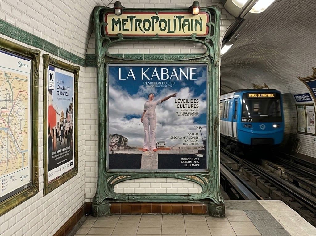 Couverture du magazine « La Kabane, l’émotion du lieu » affichée sur un quai du métro parisien, à côté d’une rame qui arrive